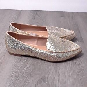 7 Wide Torrid Glitter Gold Pointed Flat Loafer Shoes, sz 7W, NWT! Orig $40 Glam